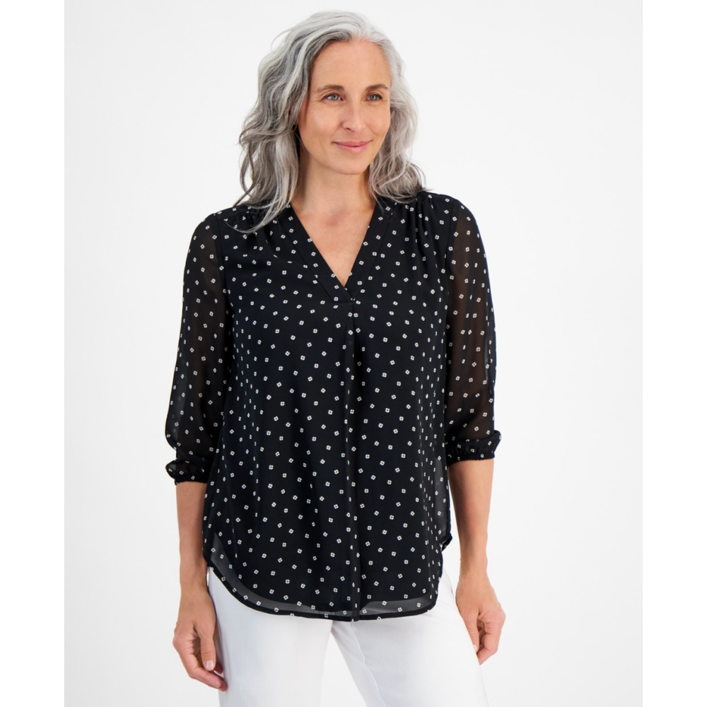 Jones New York XS Petite Black & White Printed V-Neck 3/4-Sleeves Blouse NWT